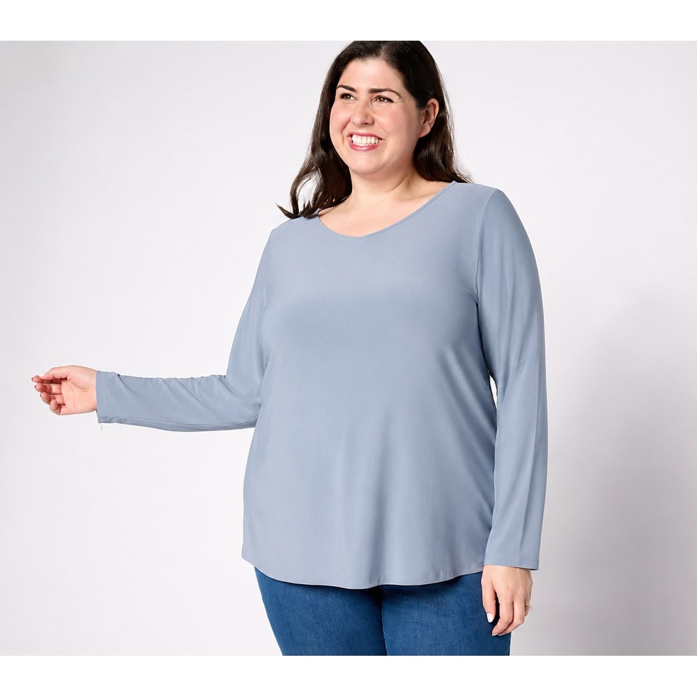 Dennis Basso Italia Knit Top with Voop Neckline Vintage Blue,X-Large